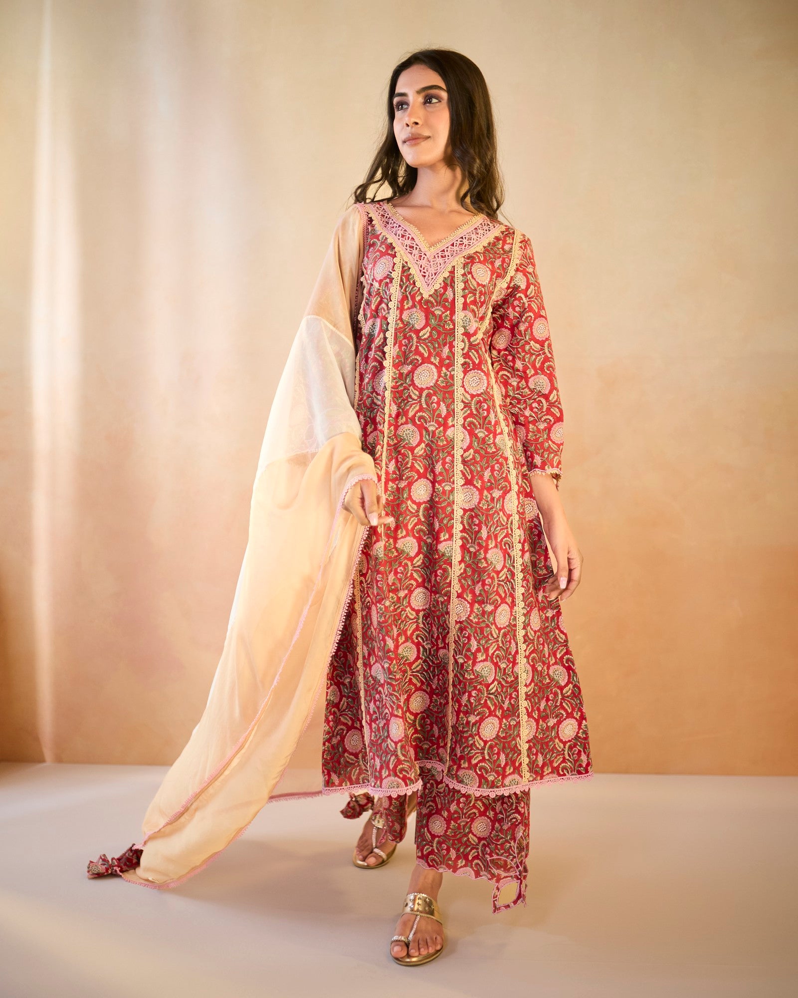 Rosy Chintz Cutwork Cotton Kurta with Wide Leg Pants