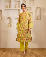 Dahlia Yellow Embroidered Cotton Kurta with Narrow Pants