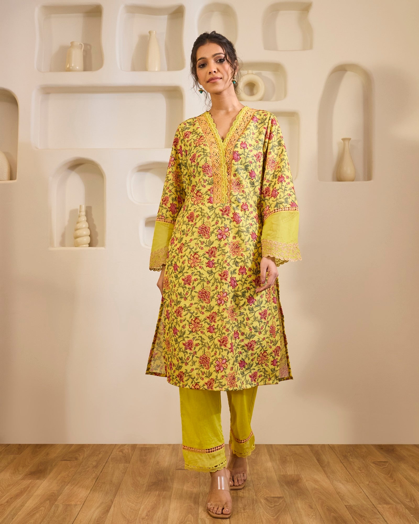 Dahlia Yellow Embroidered Cotton Kurta with Narrow Pants