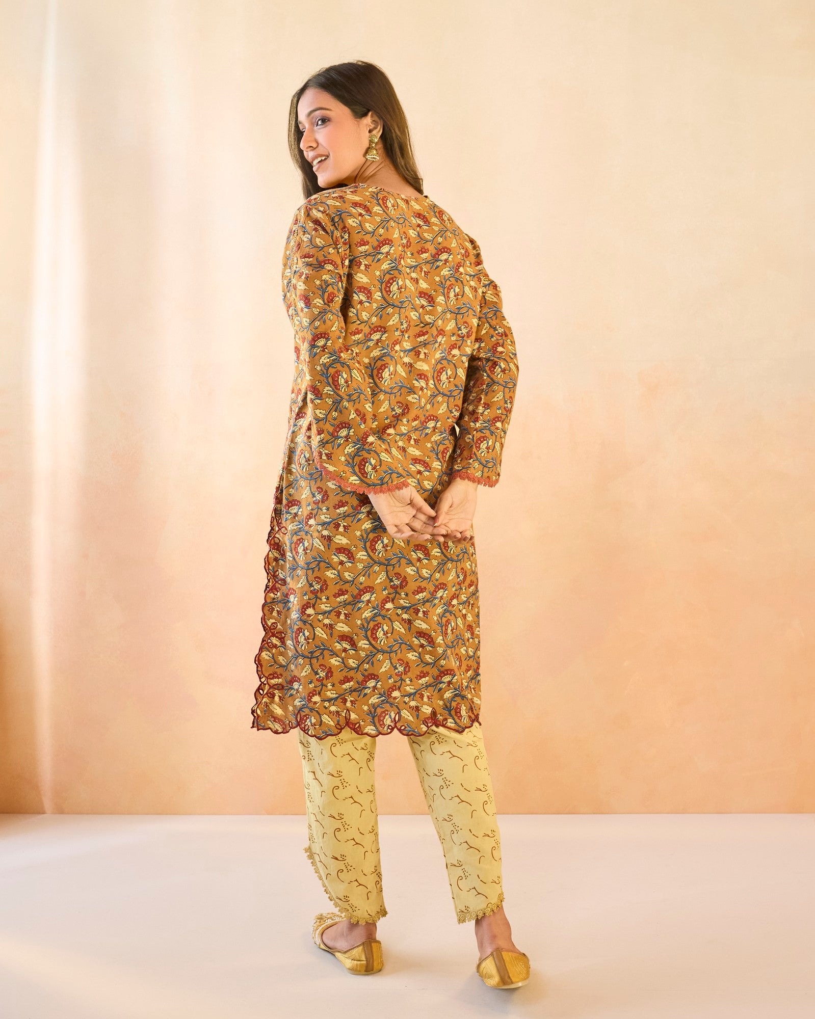 Brown Petal Scallop Cotton Kurta with Tulip Pants