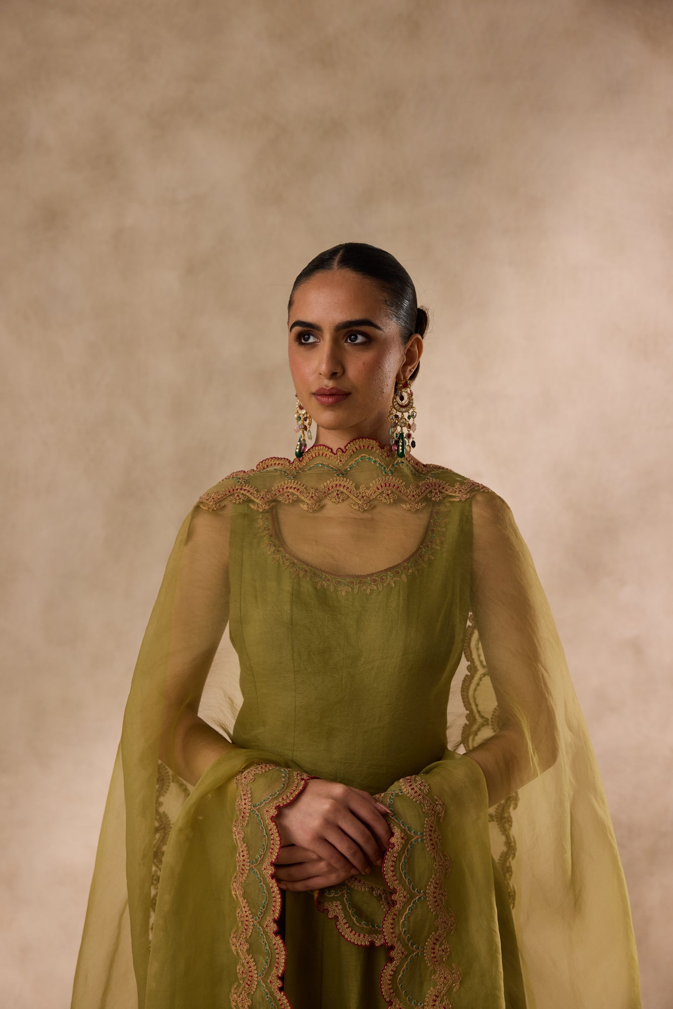 Mehendi green cotton silk  dori work and resham embroiderd anarkali paired with pant & organza heavy border dupatta