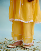Misty Yellow Organza Anarkali Kurta with Lace Detailing and Floral Embroidery