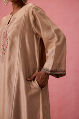 Champagne chanderi dori work  and resham embroidered kurta paired with pant & organza dupatta