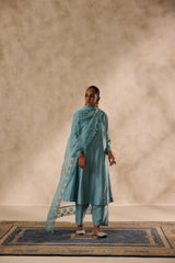 Sky blue chanderi floral resham embroidered kurta paired with pant & organza dupatta