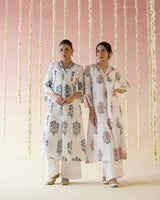 Pearl Blue Buta V Neck Kurta with Wide Leg Pants- Set of 2