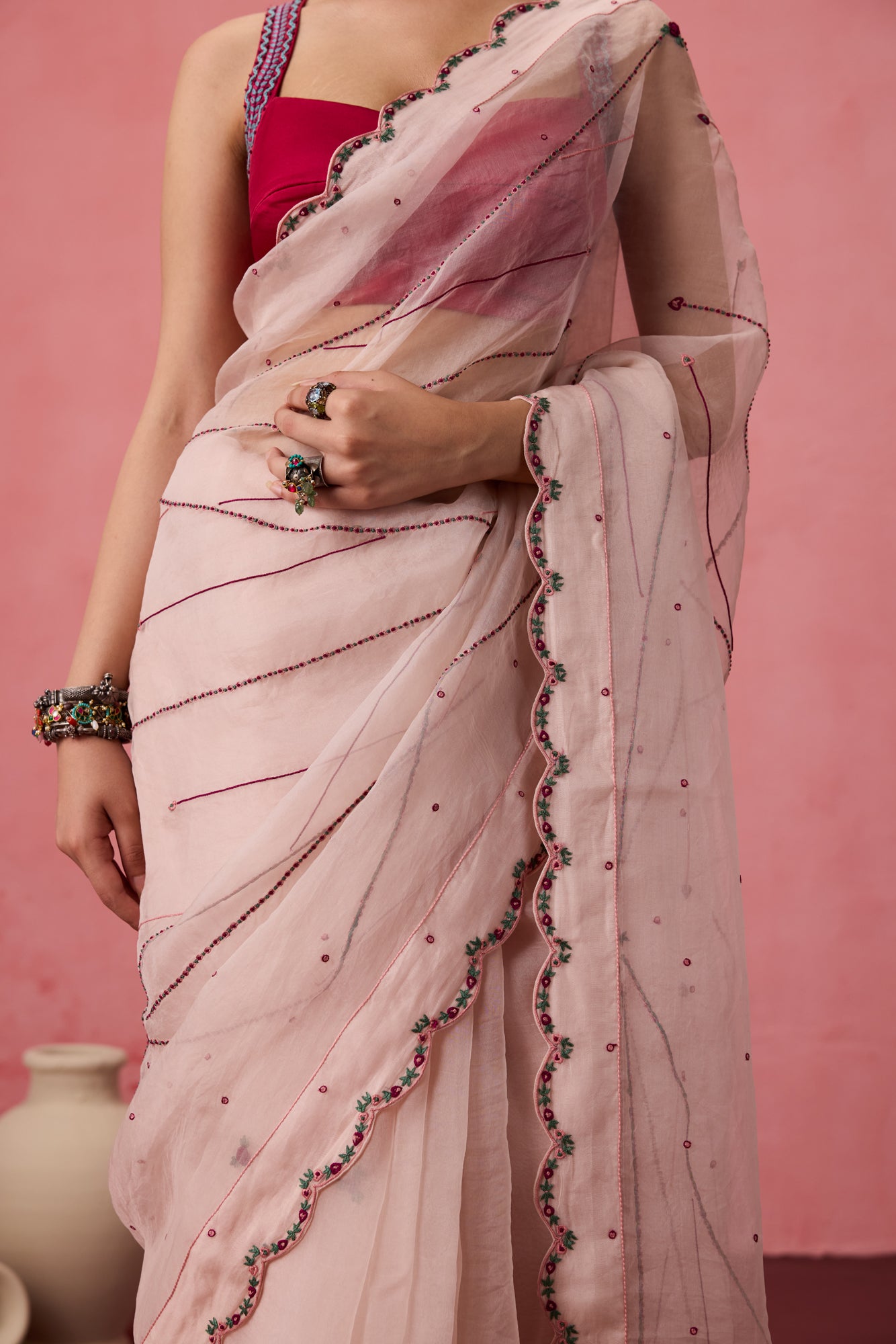 Cozy pink organza bullion & kaatha work embroidered saree comes with unstitched & unembroidered blouse fabric in chanderi