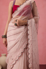 Cozy pink organza bullion & kaatha work embroidered saree comes with unstitched & unembroidered blouse fabric in chanderi