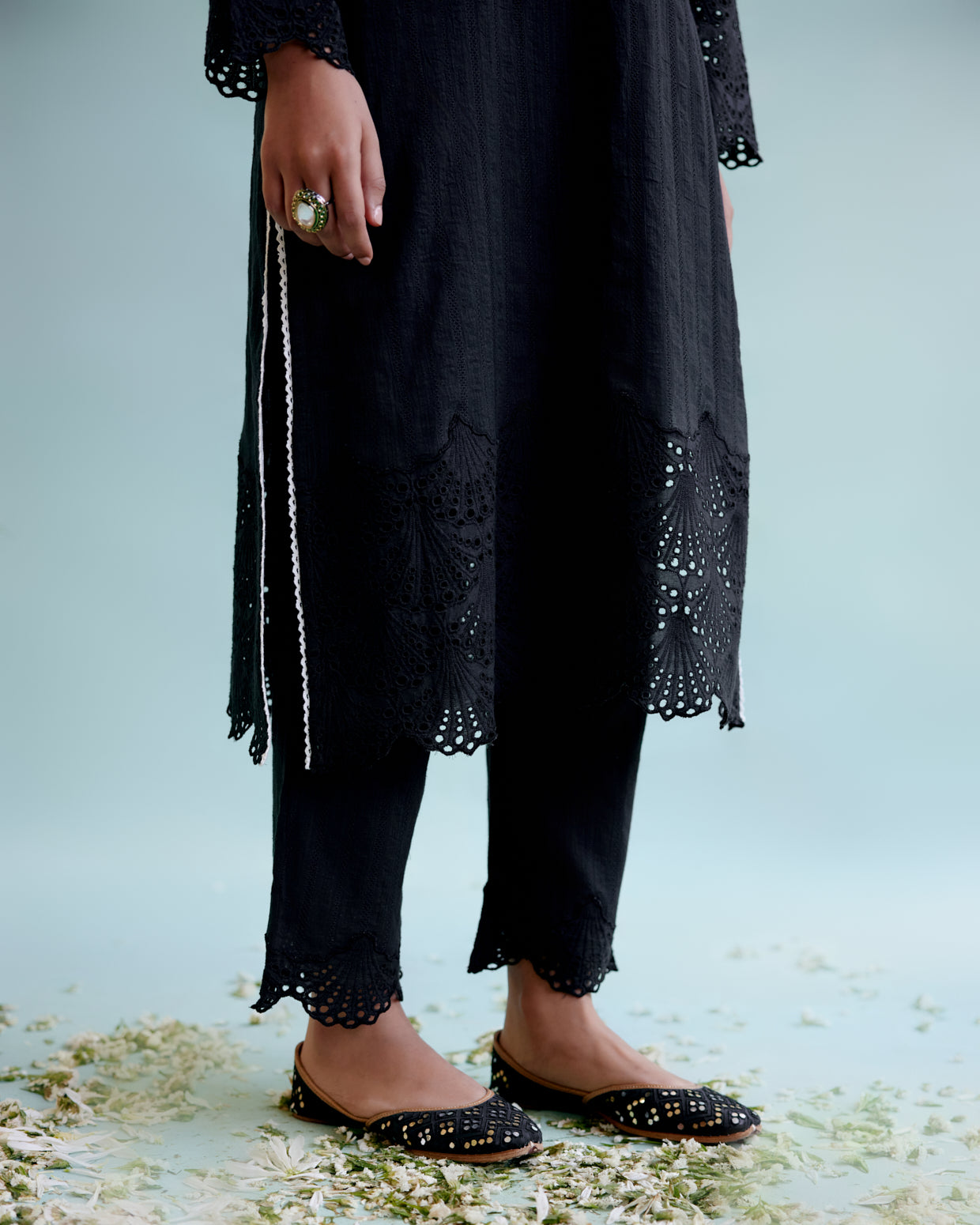 Black Blossom Kurta in Cotton Dobby with Lace Detaling and Scallop Sleeves with Narrow Pants