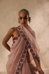 Rose gold organza heavy cutwork border embroidered saree comes with unstitched & unembroidered blouse fabric in chanderi