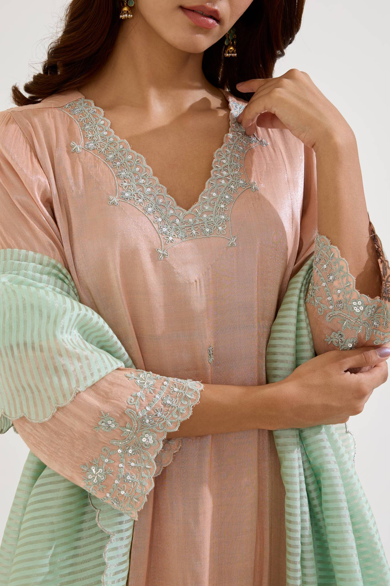 Rose Mint Dori Tissue Kurta with Wide Leg Pants - Set of 2