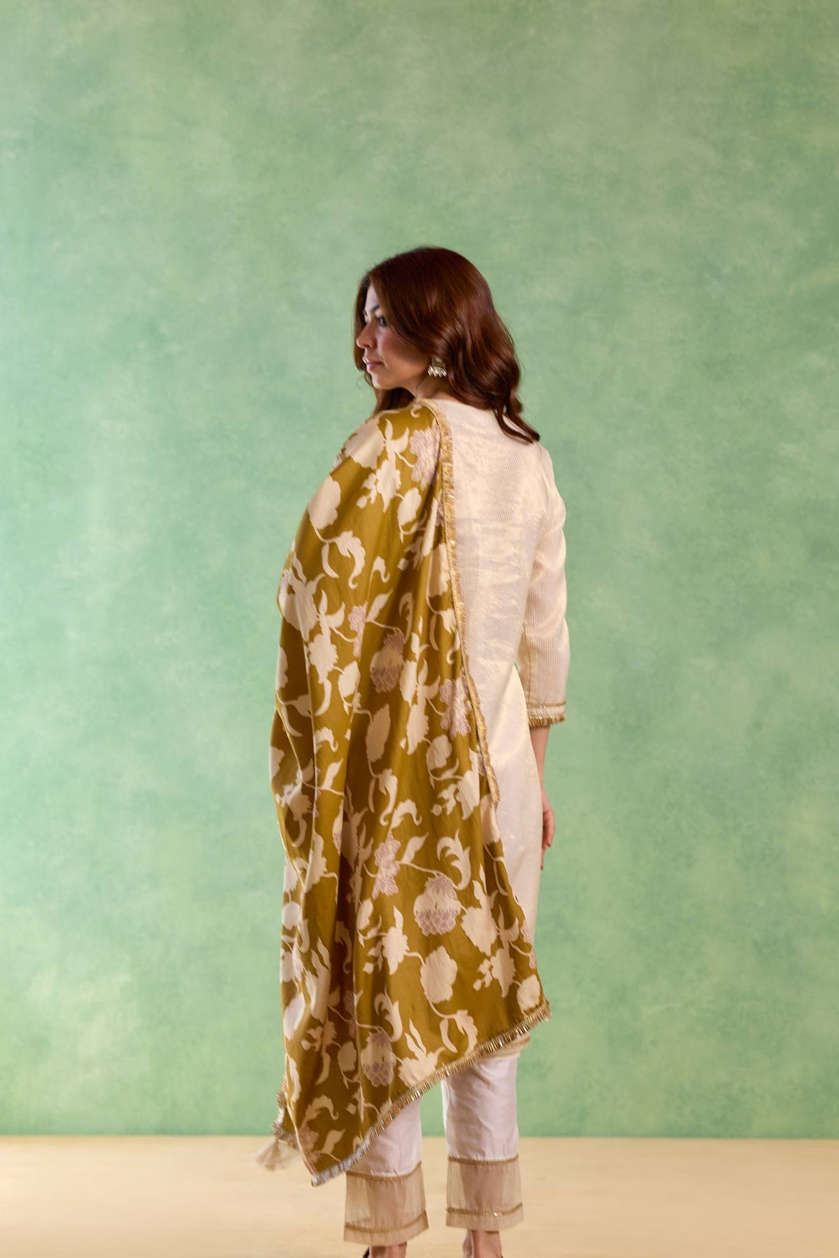 Gold Mirror Embroidered Chanderi Stripe Kurta Set - Set of 2