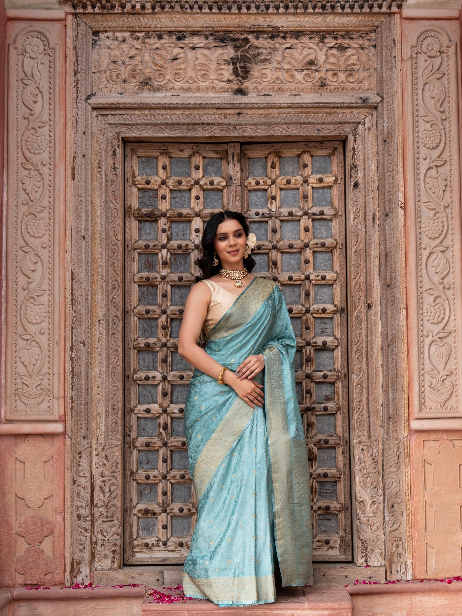Powder Blue Pure Katan Silk Banarasi Handloom Saree