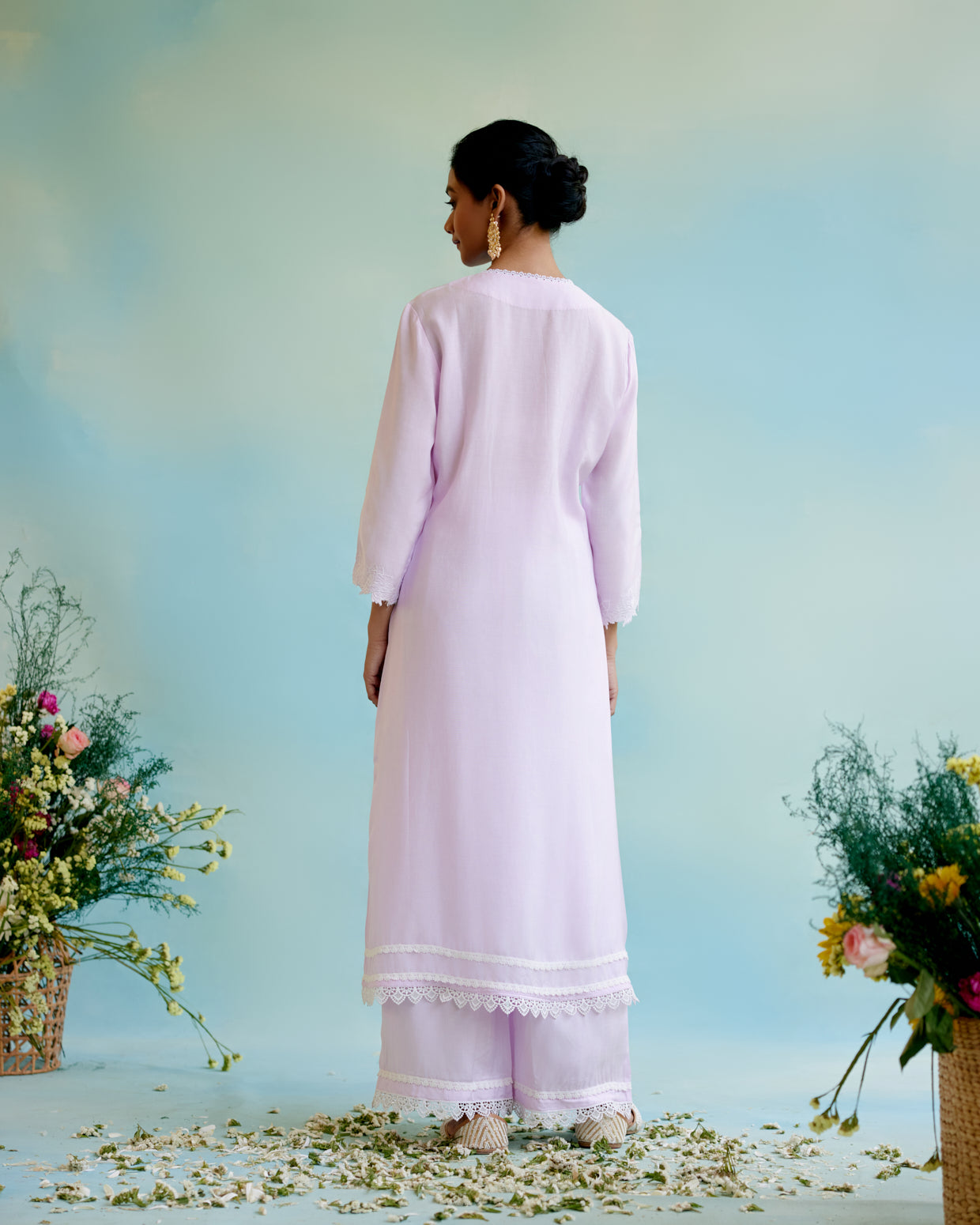 Lilac Pearl Kurta in Silky Modal with Beaded Smocking and Delicate Lace Detaling