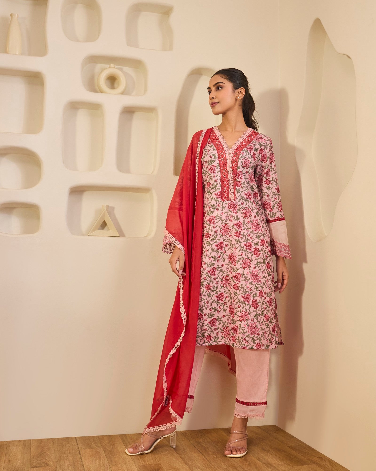 Rosewood Embroidered Cotton Kurta with Narrow Pants