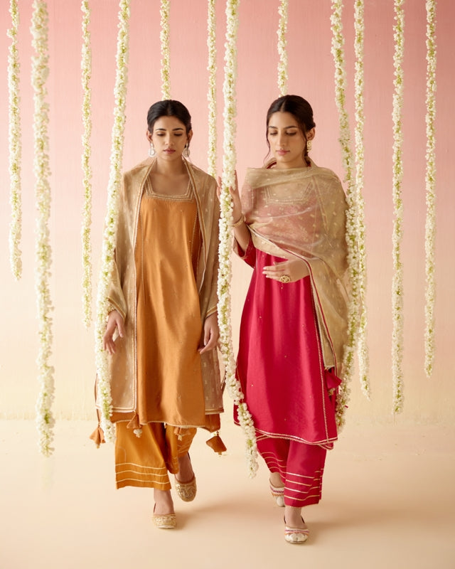 Dahlia Rust Gota Anarkali with 
Wide Leg Pants & Dupatta - Set of 3