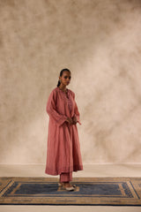 Peach chanderi heavy neckline resham embroidred kurta paired with organic cotton slip,pant & heavy border dupatta