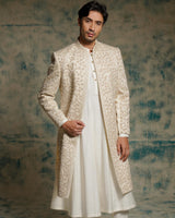 Ivory embriodered pearl open sherwani set