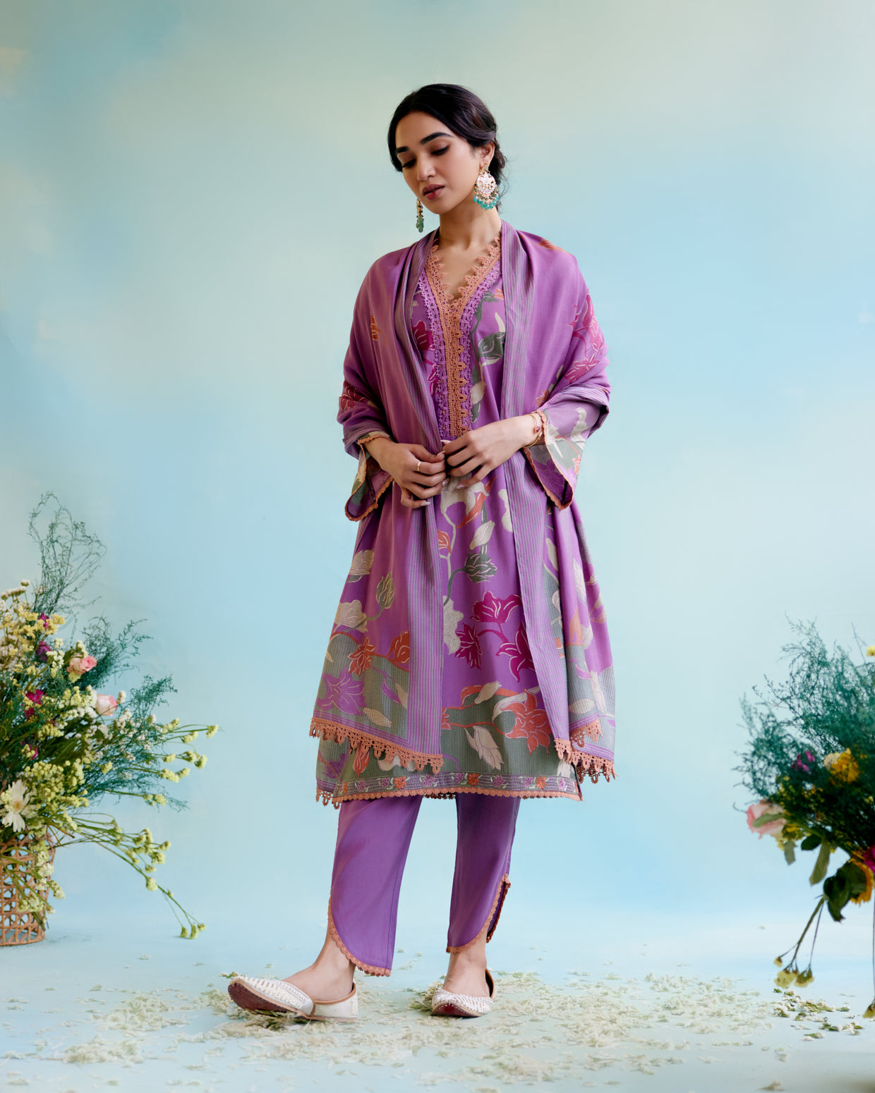 Violet Vale Printer Kurta with delicate lace detailing with Tulip Pants and Dupatta