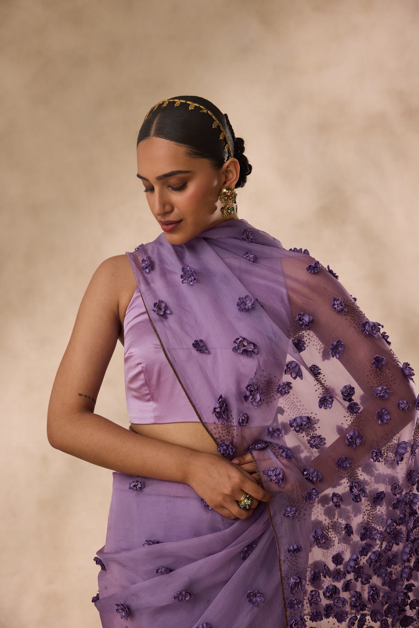 Lilac organza satin flower and beads embroidered saree comes with unstitched & unembroidered blouse fabric in chanderi