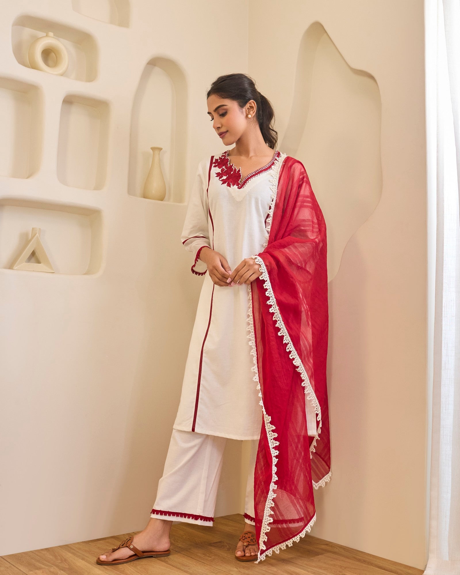 Red Rose Embroidered Khaadi Kurta with Narrow Pants