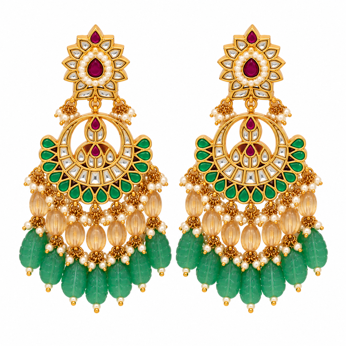 Emerald Carved Beaded Kundan Necklace Set 29
