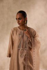 Champagne chanderi dori work  embroidered kurta paired with organic cotton slip, afgani salwar & organza dupatta