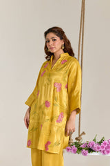 Fuschia Yellow Applique Embroidered Tissue Kurta Set - Set of 2