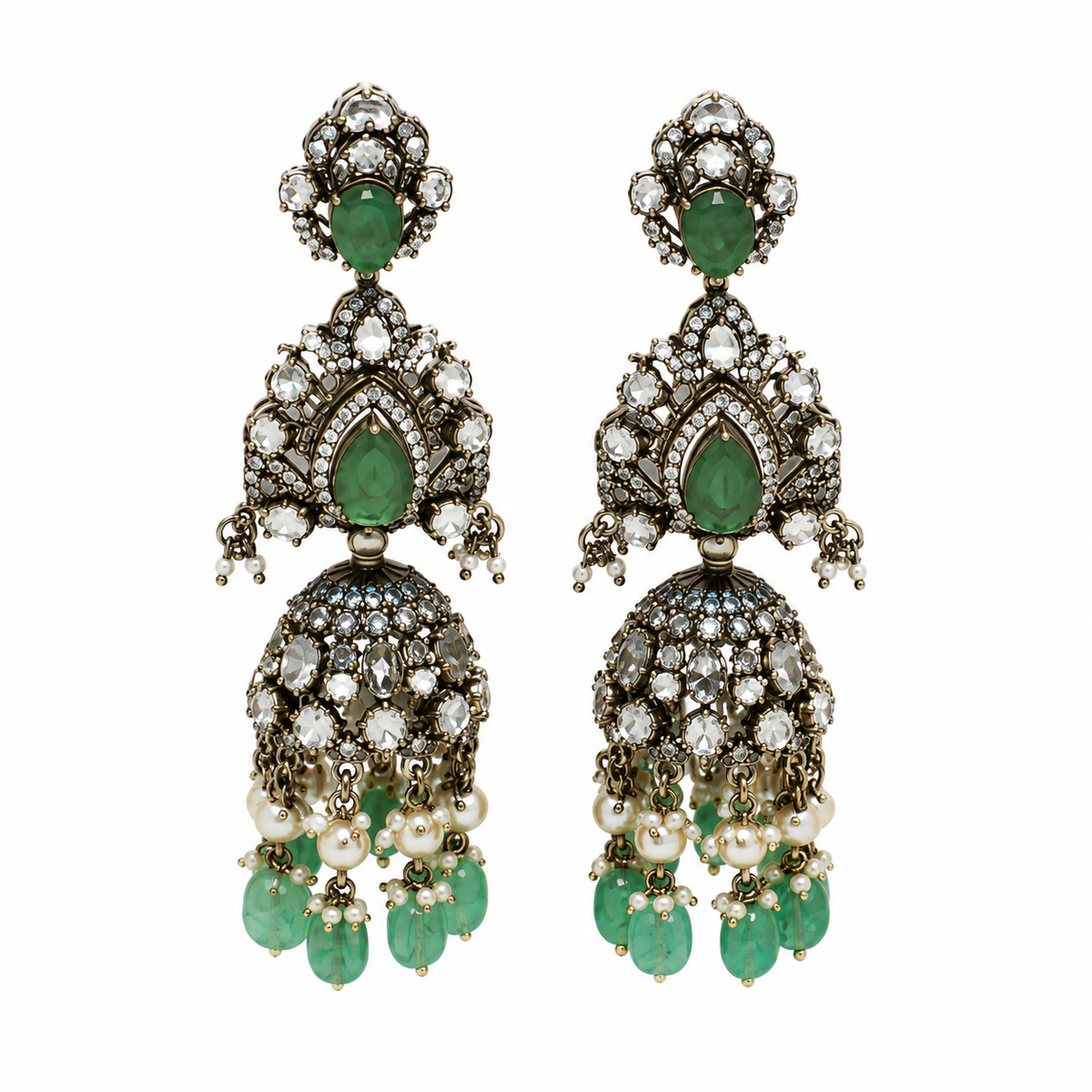 Emerald Moissanite Polki Long Two-Layered Necklace Set