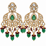 Emerald Green Semi-Precious Stone Kundan Long Necklace Set with Maang Tikka
