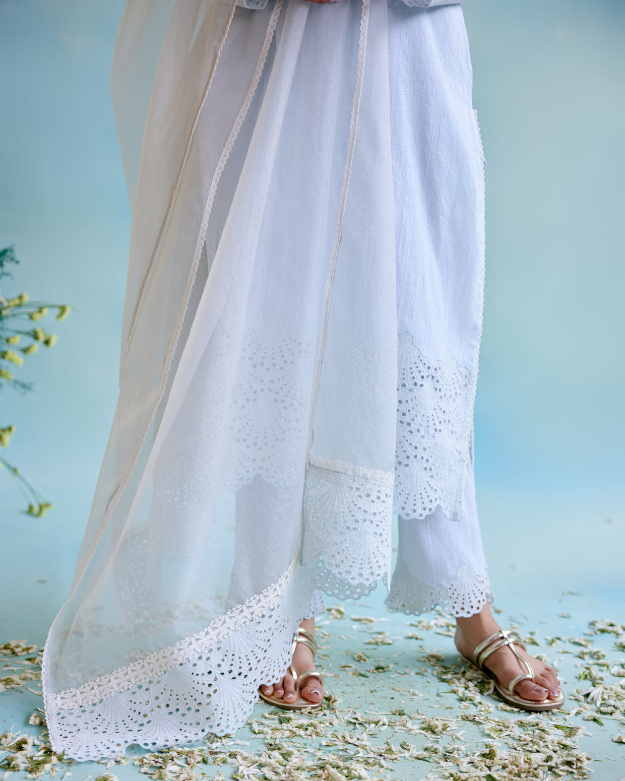 Periwinkle Blue Kurta in Cotton Dobby with Lace Detaling and Scallop Sleeves with Narrow Pants