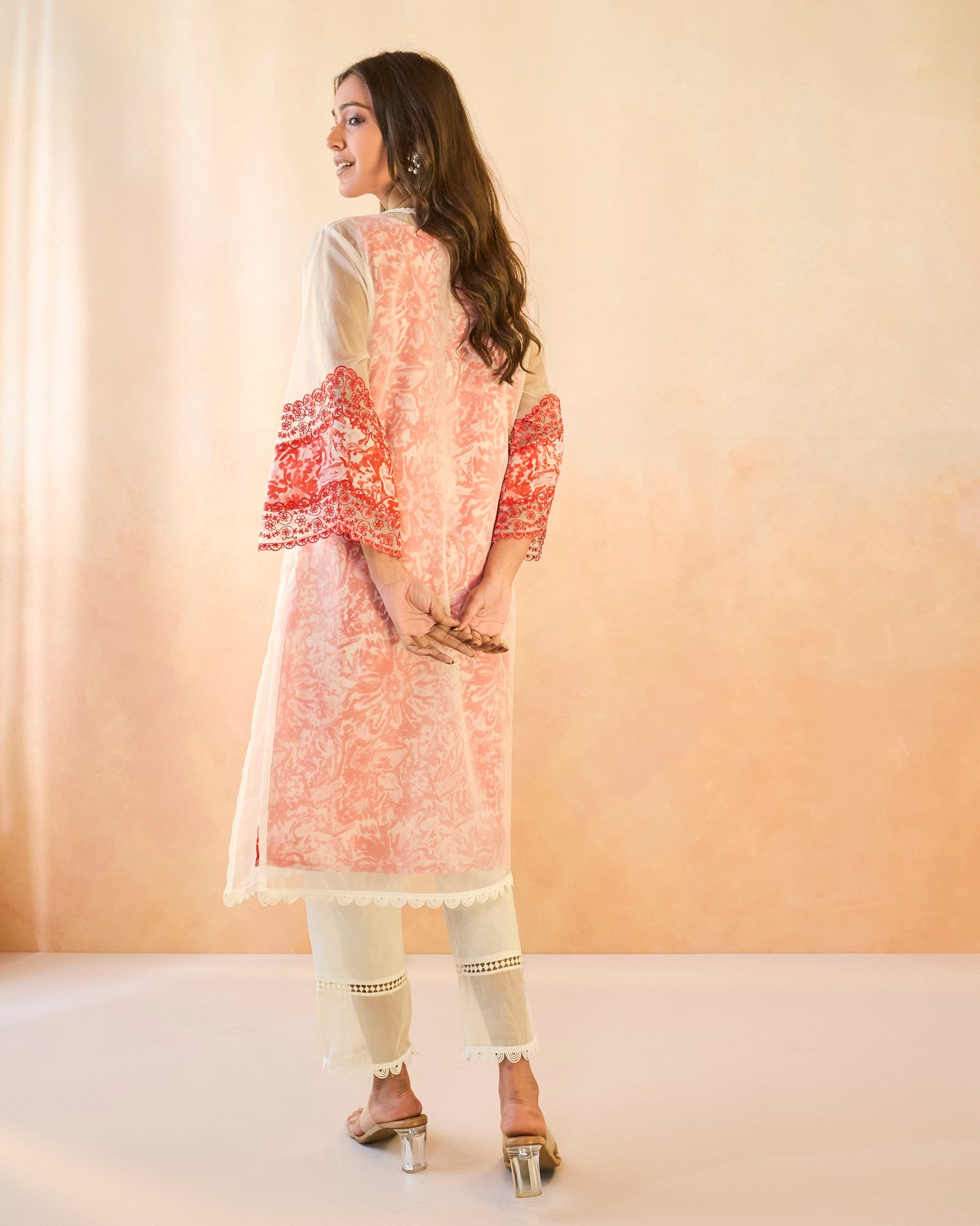 Rose Floral Embroidered Organza Slip Kurta with Narrow Pants