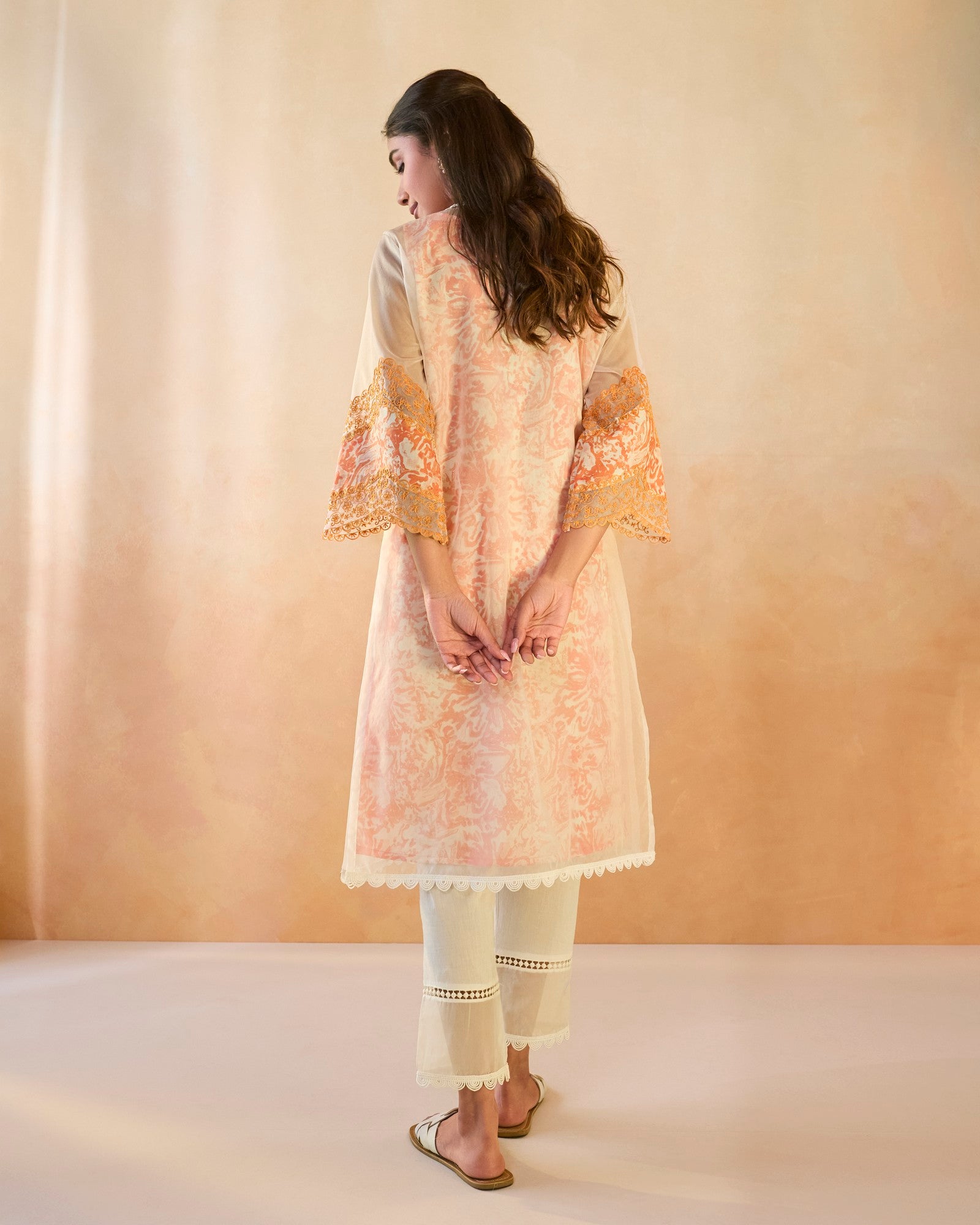 Orange Floral Embroidered Organza Slip Kurta with Narrow Pants