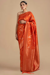 Orange Pure Silk Banarasi Handloom Saree
