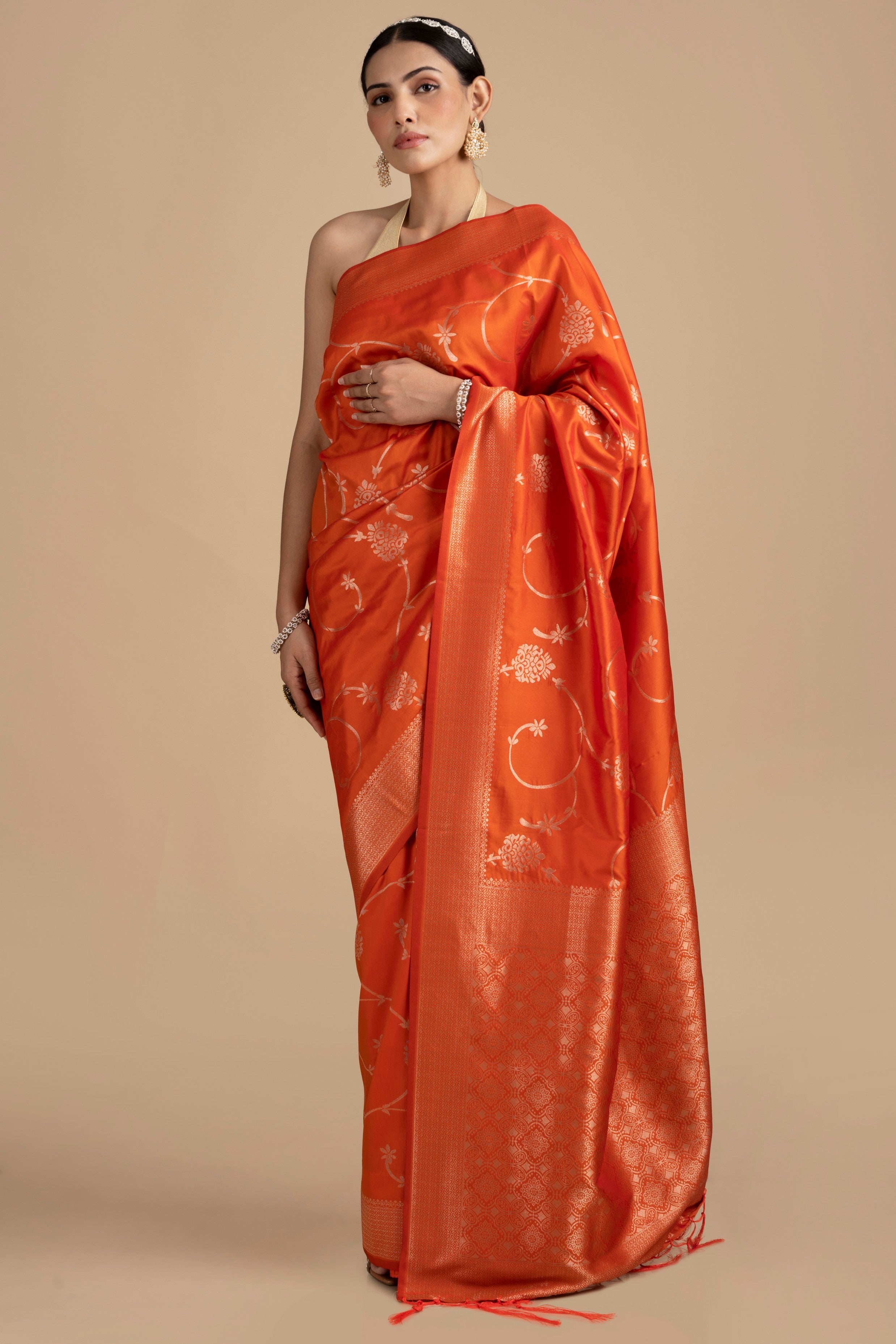Orange Pure Silk Banarasi Handloom Saree