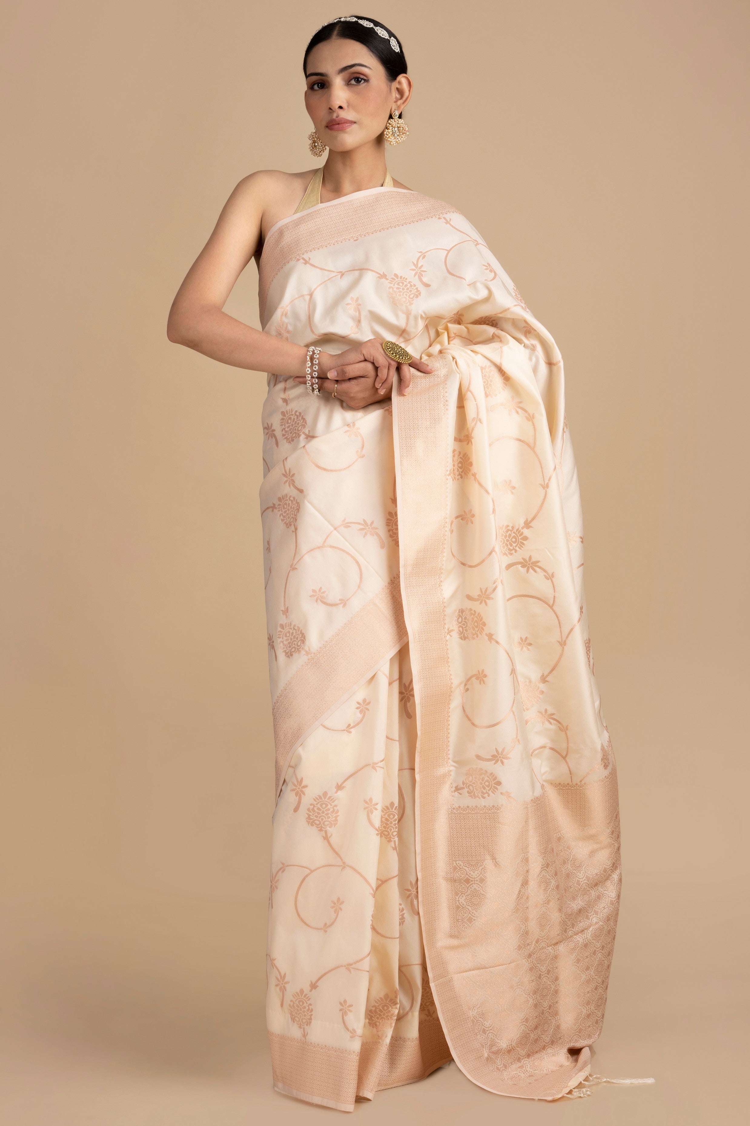 Cream Pure Silk Banarasi Handloom Saree