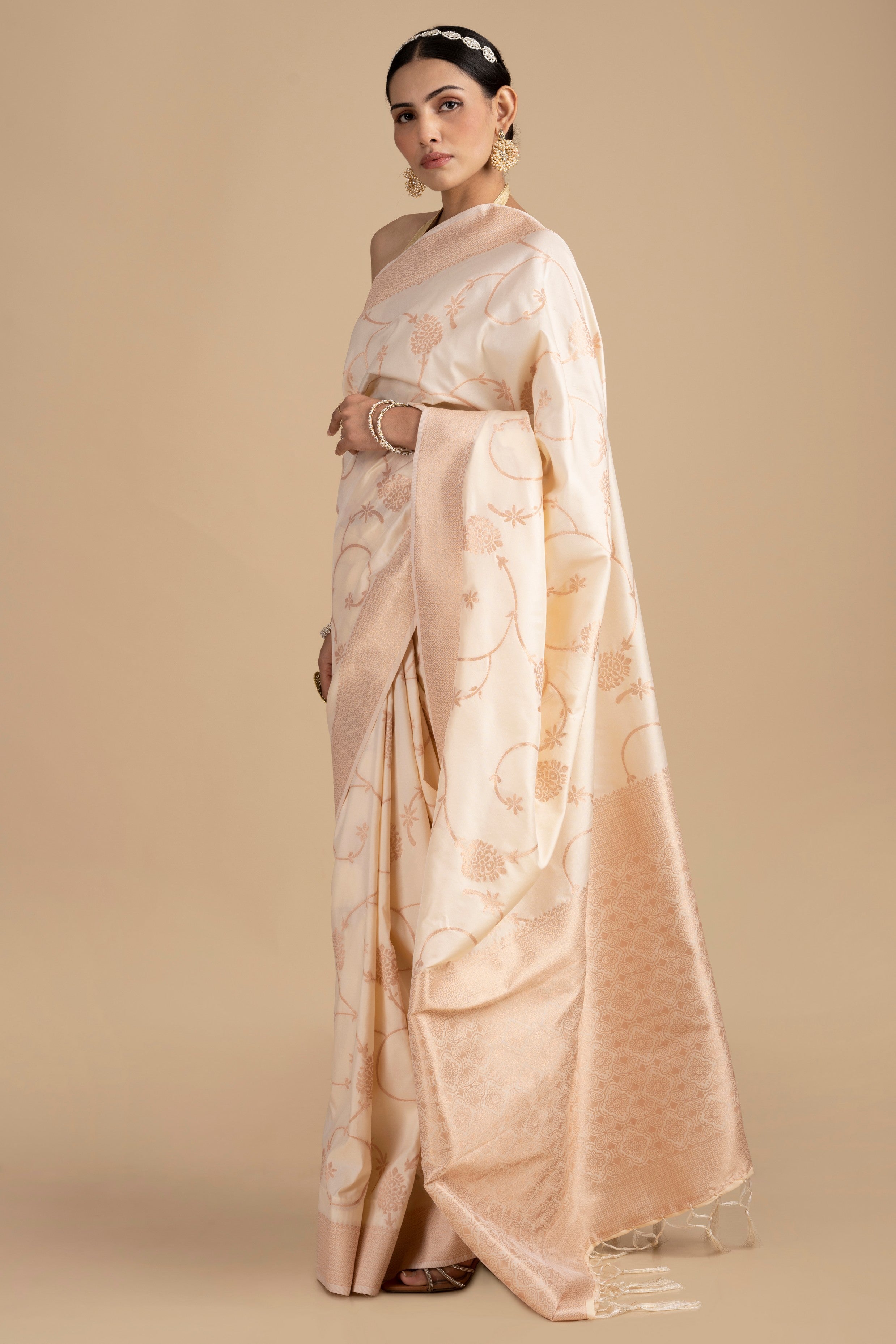 Cream Pure Silk Banarasi Handloom Saree