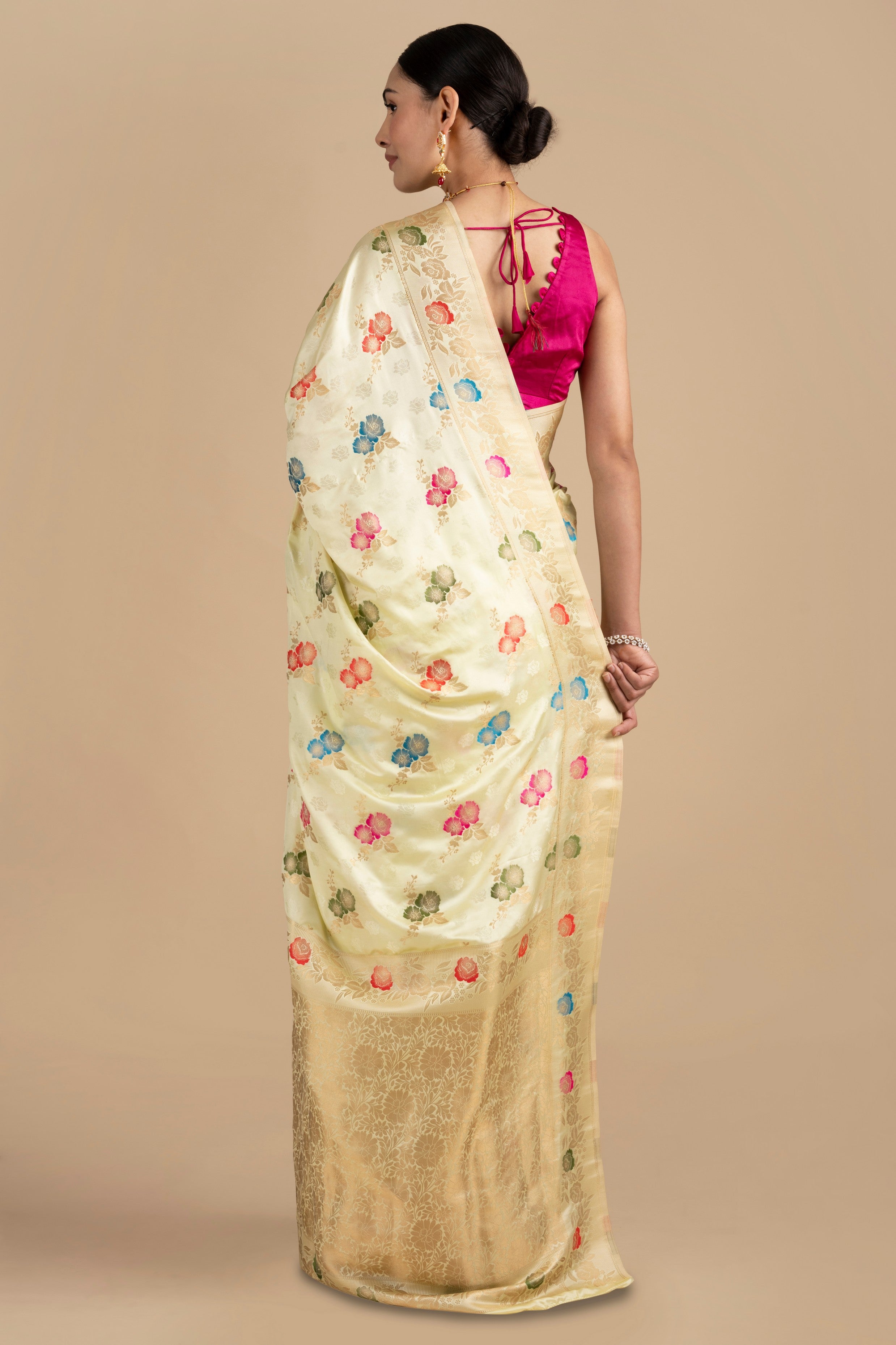 Cream Pure Katan Silk Banarasi meenakari Handloom saree