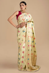 Cream Pure Katan Silk Banarasi meenakari Handloom saree