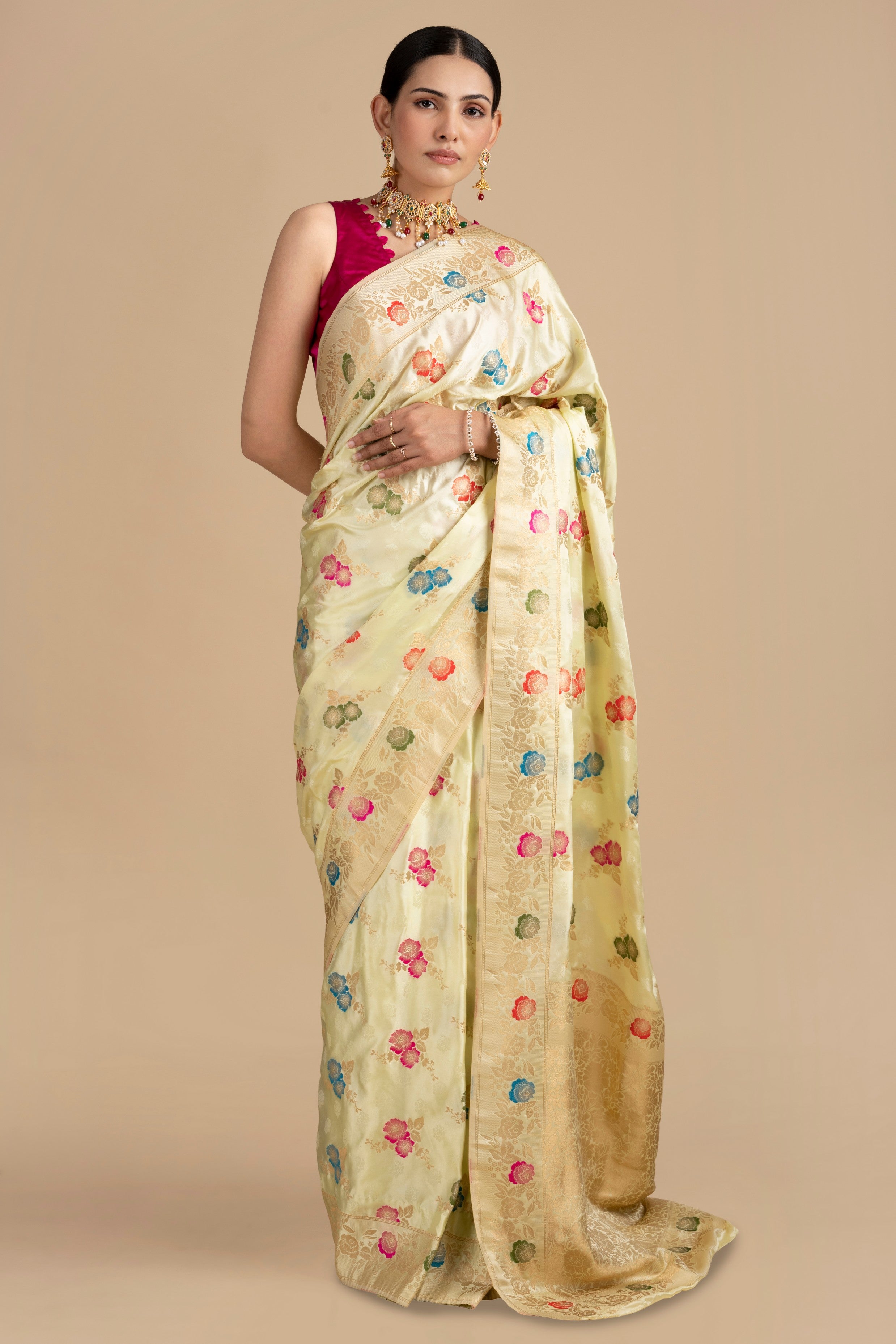Cream Pure Katan Silk Banarasi meenakari Handloom saree