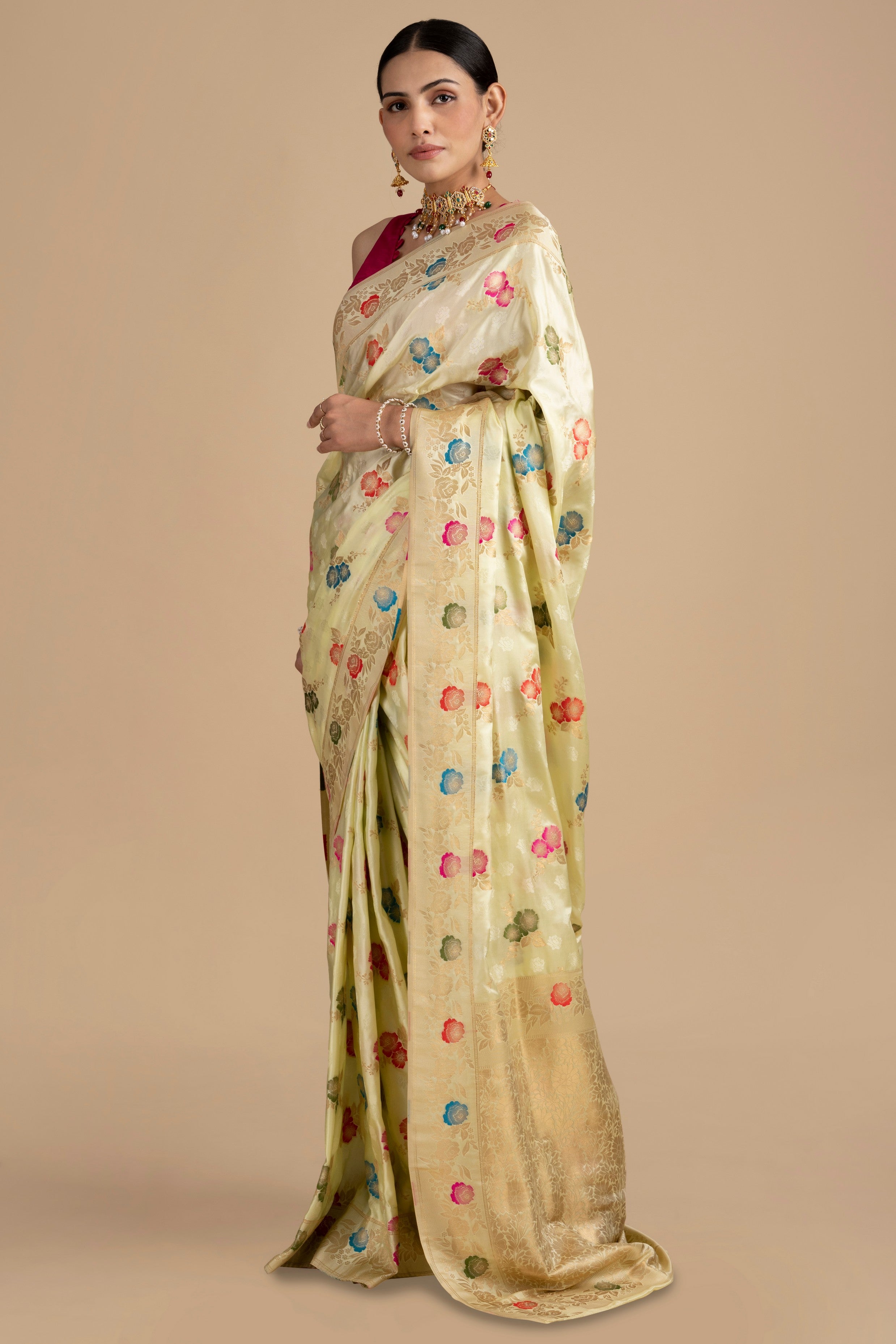 Cream Pure Katan Silk Banarasi meenakari Handloom saree