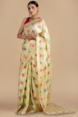 Cream Pure Katan Silk Banarasi meenakari Handloom saree
