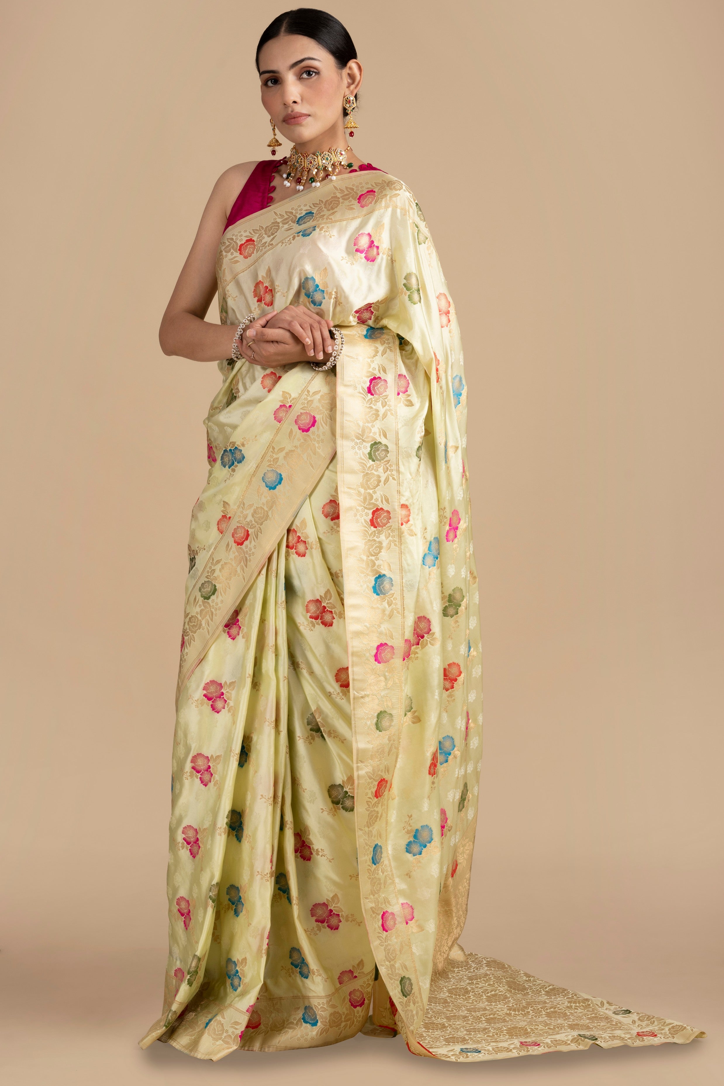 Cream Pure Katan Silk Banarasi meenakari Handloom saree