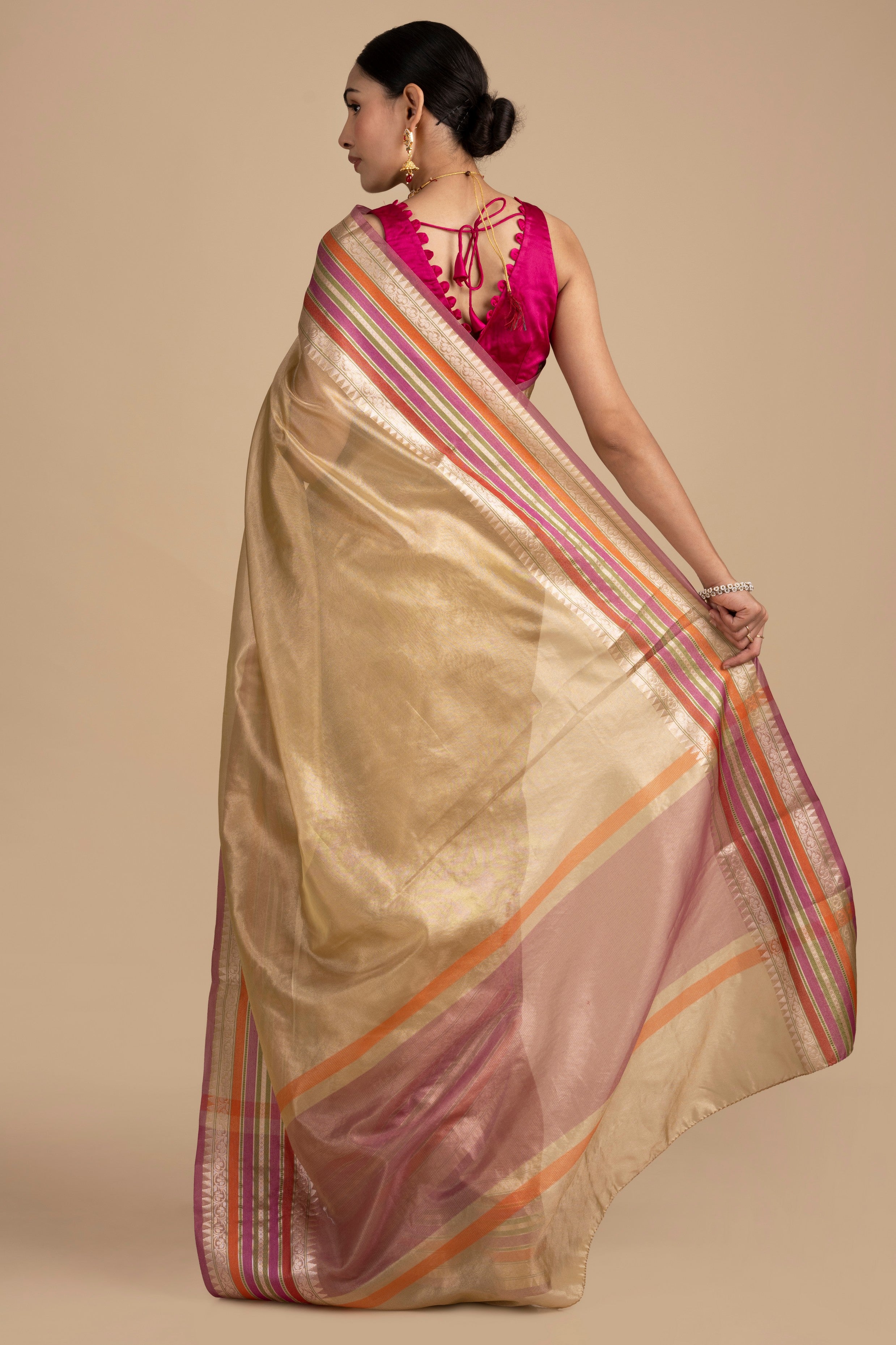 Beige-Pink Pure tissue Silk Banarasi Handloom Saree