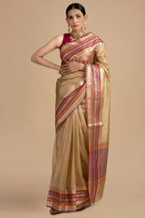 Beige-Pink Pure tissue Silk Banarasi Handloom Saree