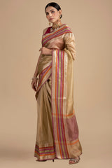 Beige-Pink Pure tissue Silk Banarasi Handloom Saree