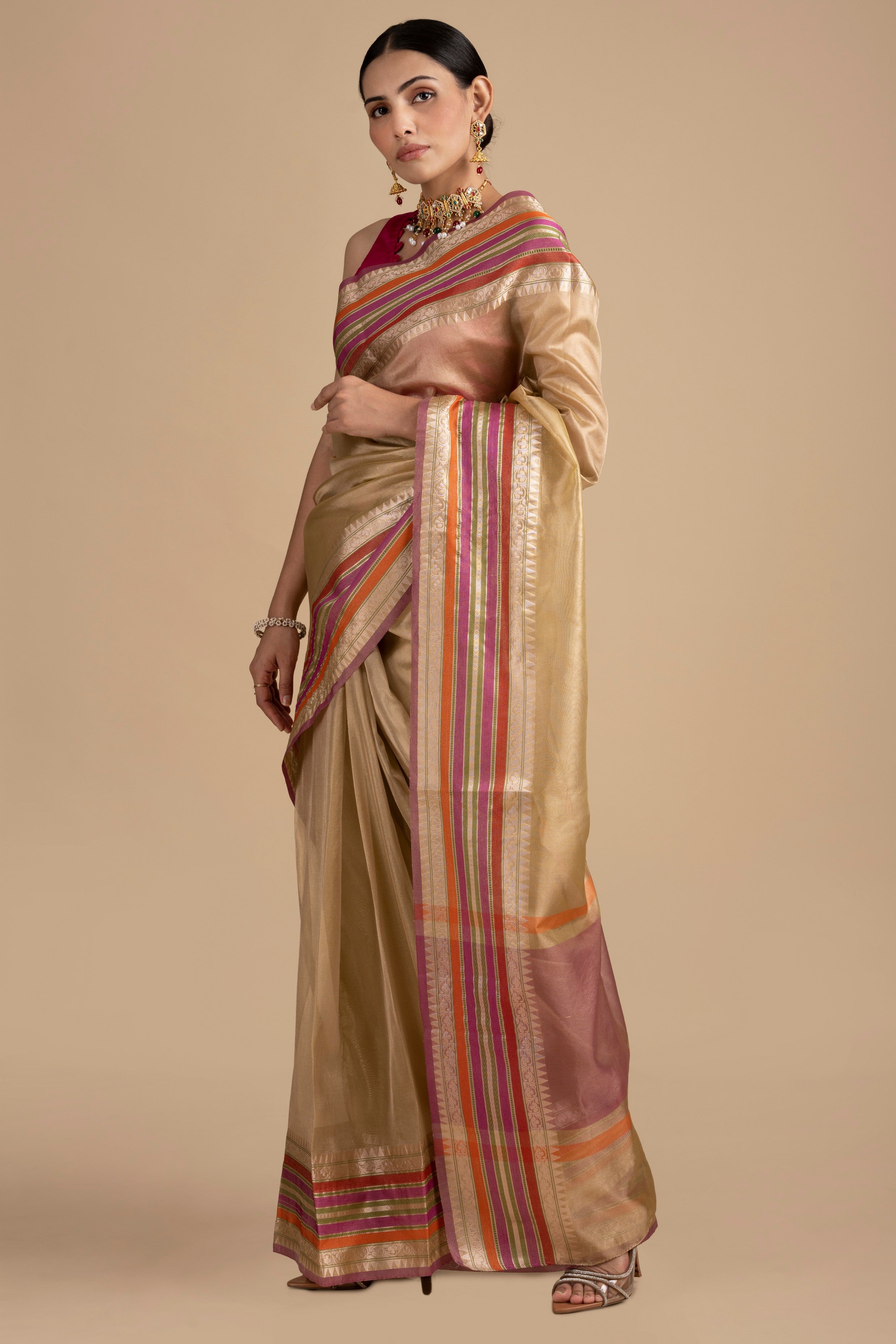 Beige-Pink Pure tissue Silk Banarasi Handloom Saree