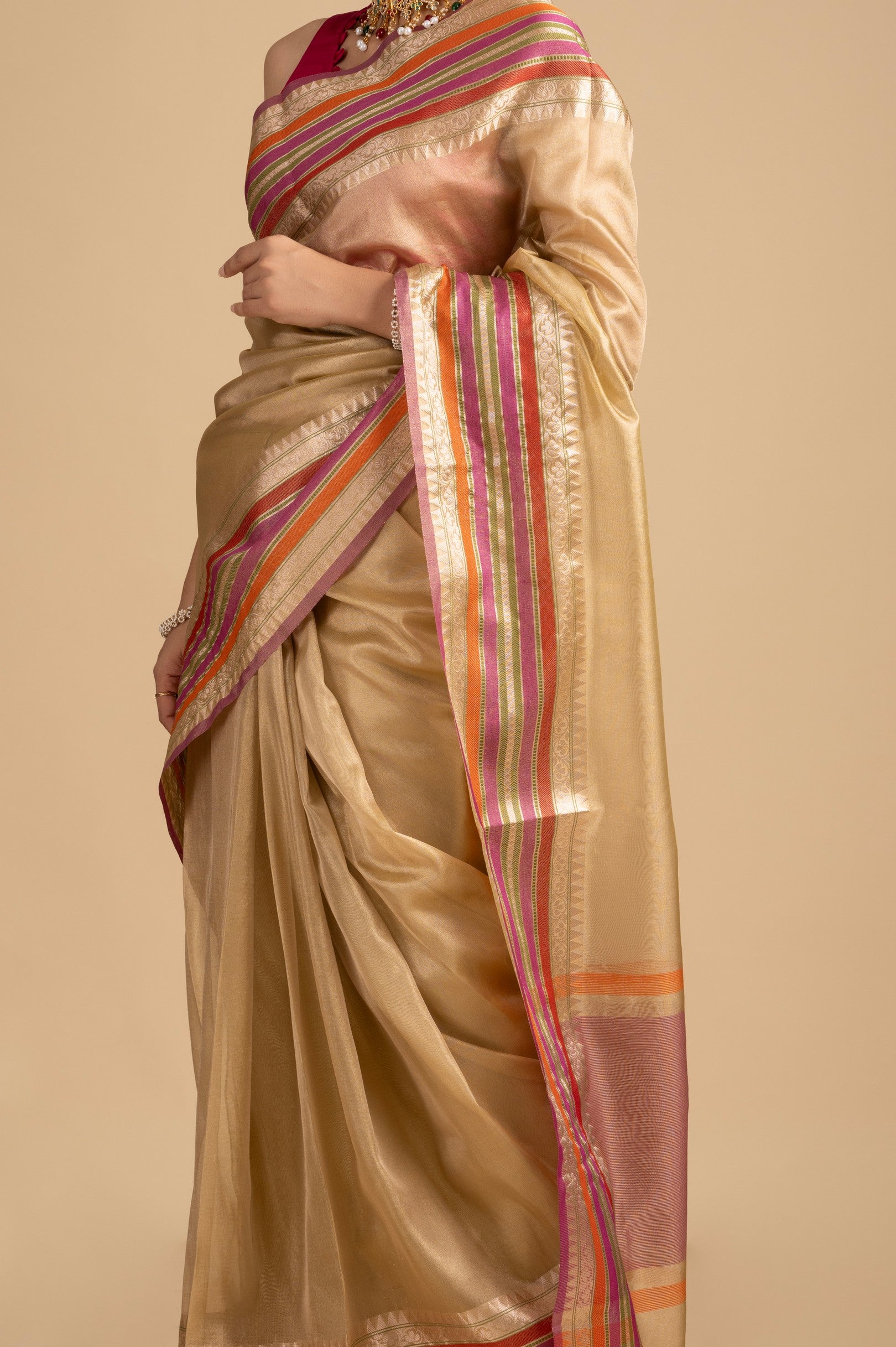 Beige-Pink Pure tissue Silk Banarasi Handloom Saree
