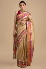 Beige-Pink Pure tissue Silk Banarasi Handloom Saree