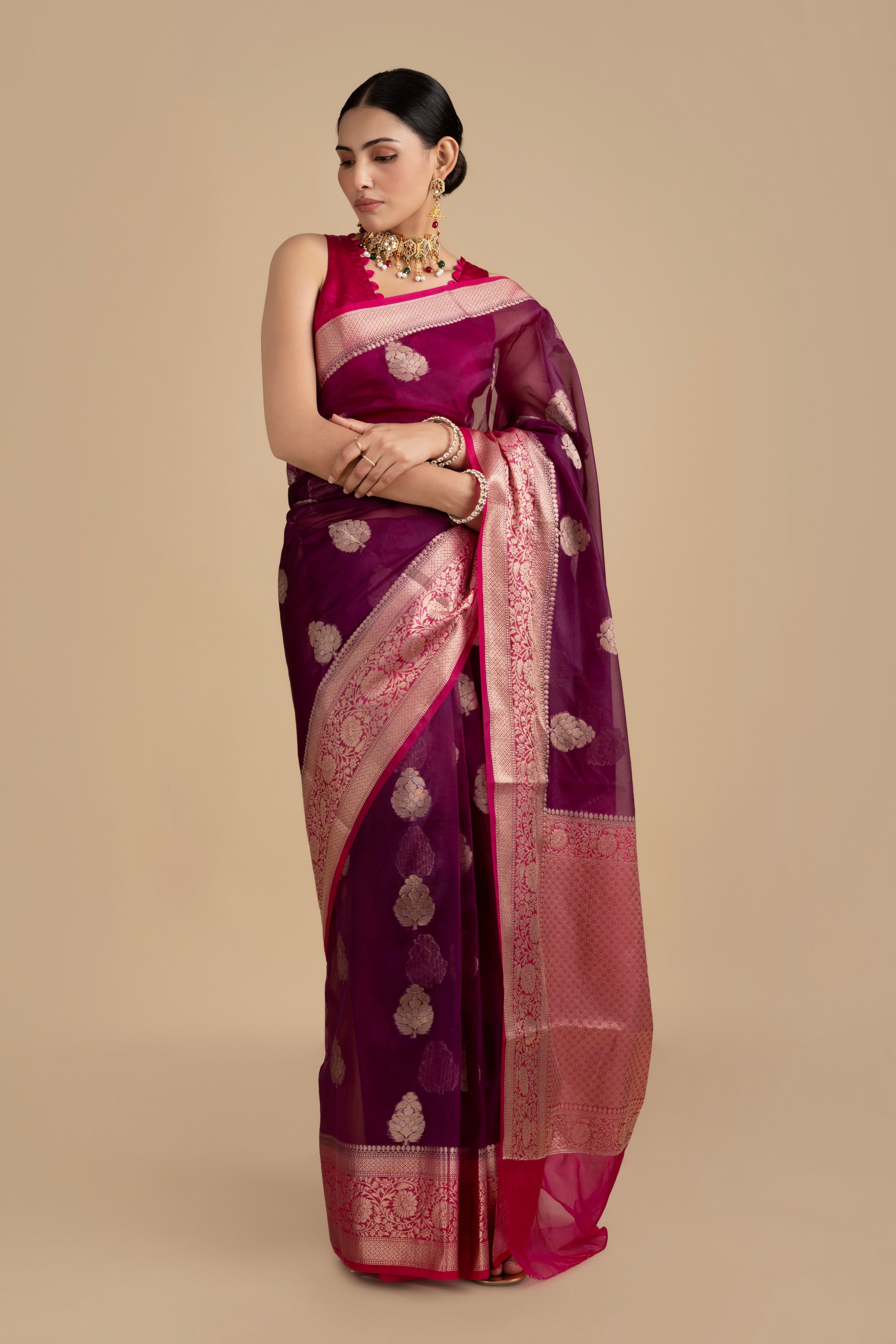 Purple-Pink Kora Organza Silk Banarasi Handloom Saree