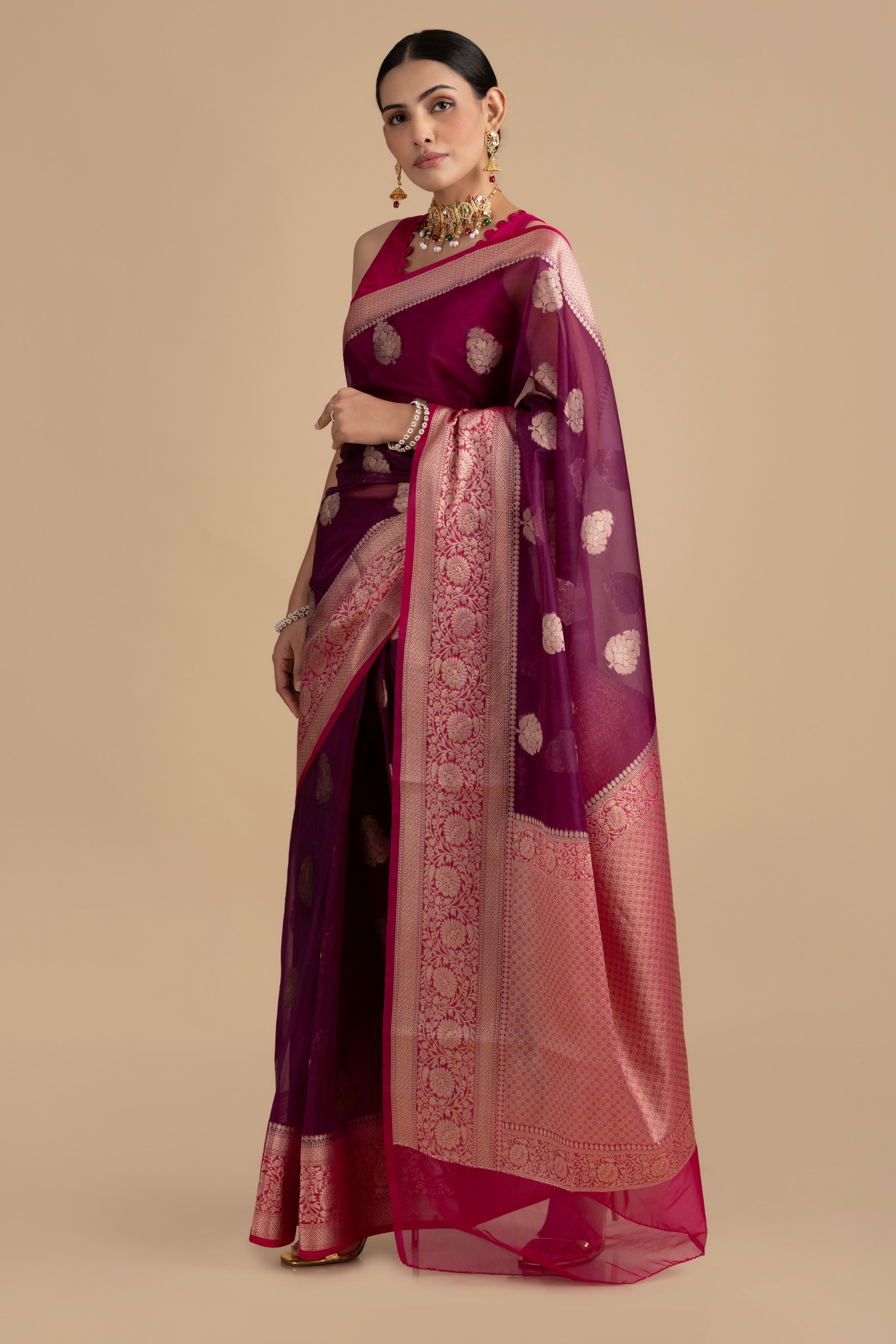 Purple-Pink Kora Organza Silk Banarasi Handloom Saree